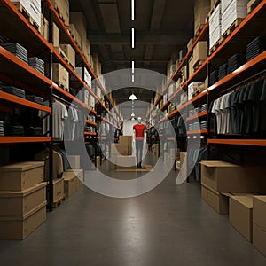 AI-Generated Image: Warehouse Aisle with Boxes on High Shelves photo