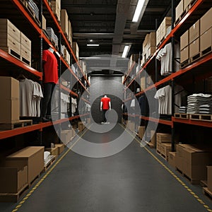 AI-Generated Image: Warehouse Aisle with Boxes on High Shelves