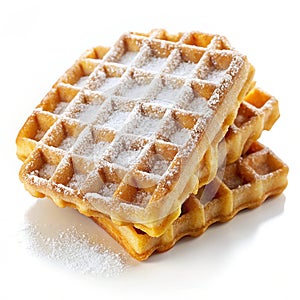 Golden Waffles with Sugar on Clean White Background
