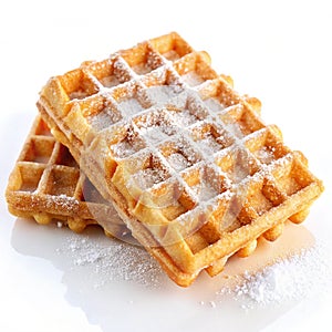 Golden Waffles with Sugar on Clean White Background