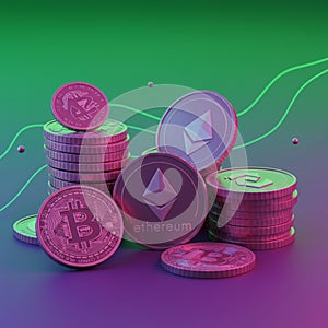 AI Generated Stylized Image of Bitcoin and Ethereum Coin Stacks photo