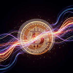 AI Generated Gold Bitcoin Graphic with Wavy Light Lines photo