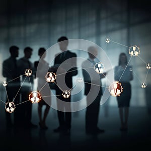 AI-Generated Image of Business Professionals with Networking Icons Overlay photo
