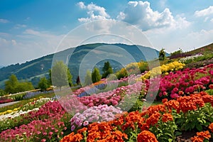 AI Generated Image Flower garden before hill and blue sky