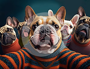 Ai generated image of a french bulldog taking a selfie with other dogs on an isolated background