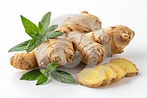 Fresh ginger root isolated on white surface