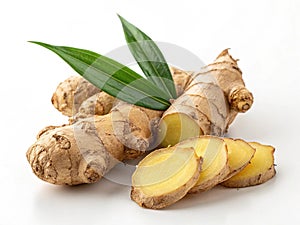 Fresh ginger root isolated on white surface