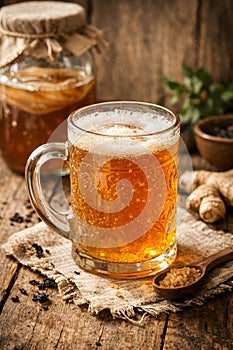 Freshly Poured Kombucha Tea In Glass Mug With Natural Bubbles