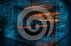 Futuristic Cybersecurity Control Room with Digital Interface and Multiple Monitors