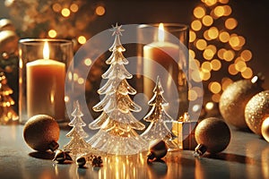 Christmas table decoration with three decorative glass Christmas trees surrounded by gold-colored Christmas decorations photo