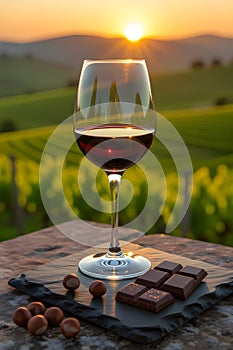 Red Wine Glass with Chocolate and Hazelnuts at Sunset Vineyard