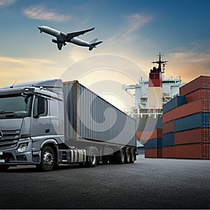 AI-Generated Image of Global Logistics with Truck, Cargo Ship, and Plane