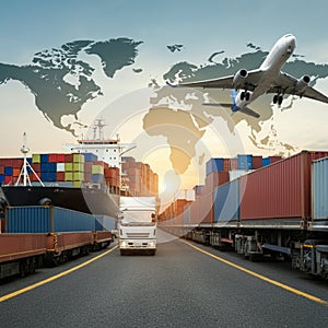 AI-Generated Image: Global Shipping Network with World Map and Transport Modes photo