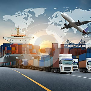 AI-Generated Image: Global Shipping Network with World Map and Transport Modes photo