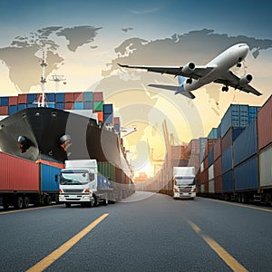 AI-Generated Image: Global Shipping Network with World Map and Transport Modes photo