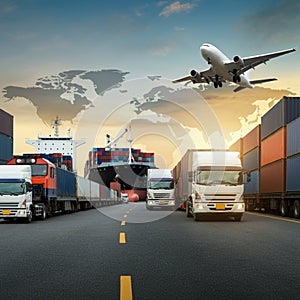 AI-Generated Image: Global Shipping Network with World Map and Transport Modes photo