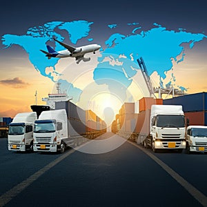 AI-Generated Image: Global Shipping Network with World Map and Transport Modes photo