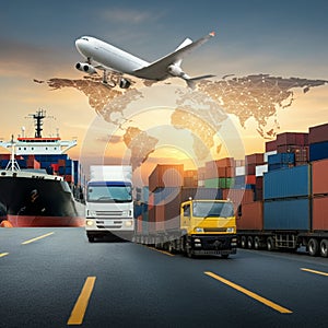 AI-Generated Image: Global Shipping Network with World Map and Transport Modes photo