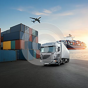 AI-Generated Image: Global Shipping Network with World Map and Transport Modes photo
