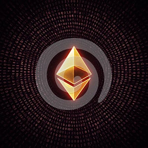 AI Generated Image of Golden Ethereum Logo on Red and Black Binary Code Background photo