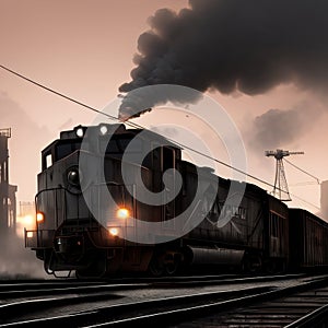 AI generated image - gray train riding in an industrial landscape