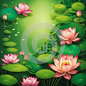 AI generated image of a green pond adorned with fully bloomed lotus and dotted with lotus leaves photo