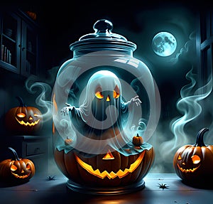 Ai generated image of a Halloween night a glass jar contains a nightmare and ghosts