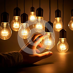 AI-Generated Image: Hand Reaching for Lit Hanging Lightbulb Among Others