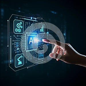 AI-Generated Image of Hand Touching Glowing Interface with 'AI' Letters