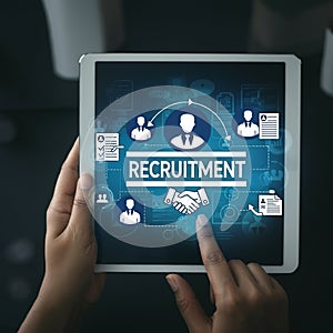 AI-Generated Image of Hands Holding Tablet with Recruitment-Themed Graphic photo