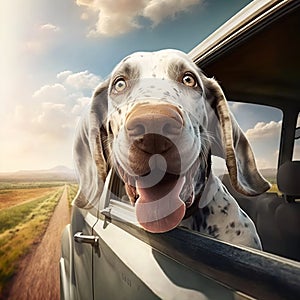 Ai generated image of a herding dog with its head out the car window