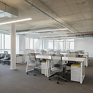 AI-Generated Image: High-Angle Office View with Desks and Storage