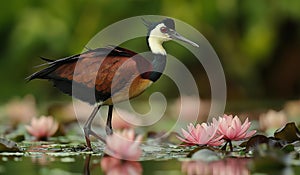 ai generated image of Hydrophasianus chirurgus, pheasant-tailed jacana (Hydrophasianus)(Jacanidae)