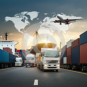 AI-Generated Image: Global Shipping Network with World Map and Transport Modes photo
