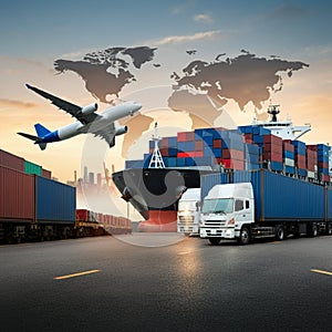AI-Generated Image: Global Shipping Network with World Map and Transport Modes photo