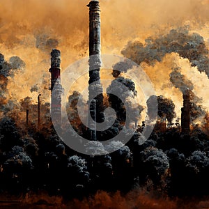 AI generated image. Illustration with the industrial age downfall, global warming, pollution and human impact on the planet