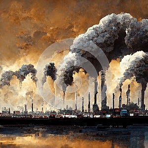 AI generated image. Illustration with the industrial age downfall, global warming, pollution and human impact on the planet