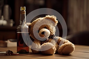 Drunk Teddy Bear with a Bottle of Beer, AI Generated photo