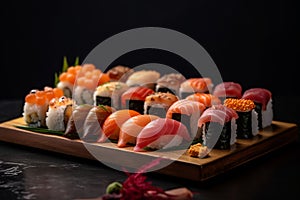 AI generated image of Japanese sushi rolls on wooden kitchen board