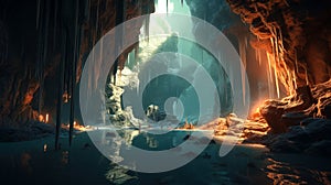 AI-Generated Image Landscape of Fire flame in the forested cave\'s gloomy interior.