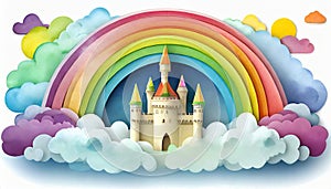 A magic cloud castle under the rainbow