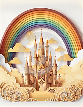 A magic cloud castle under the rainbow