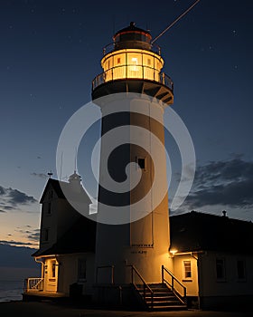 AI generated image of a lighthouse guiding the ships in the middle of the night