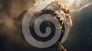 Lion running in the desert in clouds of dust