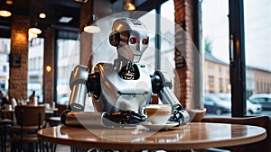 AI generated image of a lonely robot sitting in a café