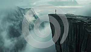 AI generated image, a long way down hyper realistic, man walking across a rope bridge in the mountain,