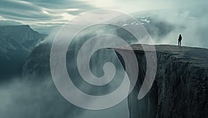 AI generated image, a long way down hyper realistic, man walking across a rope bridge in the mountain,