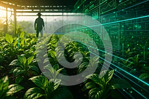 AI generated image of lush green crops in a smart farming field with real time digital interface displaying agricultural data