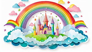 A magic cloud castle under the rainbow
