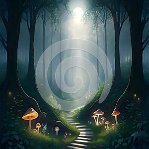 AI-Generated Image: Magical Forest Path with Moonlight, Trees, Mushrooms, and a Fairy photo